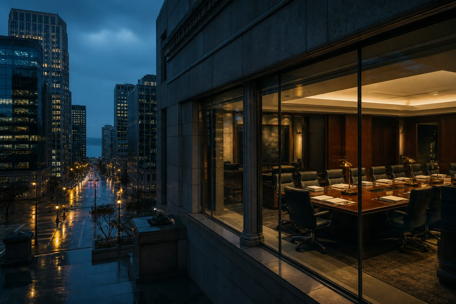 Evening city lights on a Canadian institutional building, the kind of setting where offering documents are reviewed in private