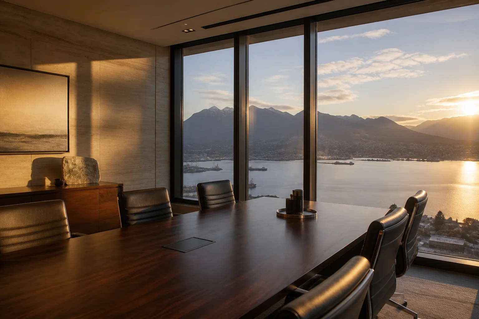 Empty high-floor boardroom facing a harbour city, a setting for a fit conversation before any recommendation